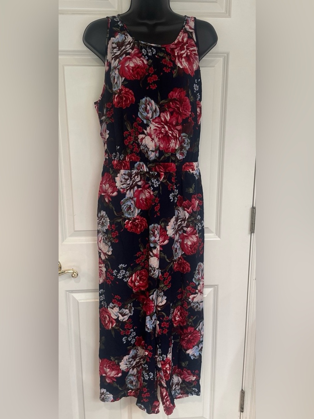 LOFT Navy Maxi Dress with Red and Cream Floral Print